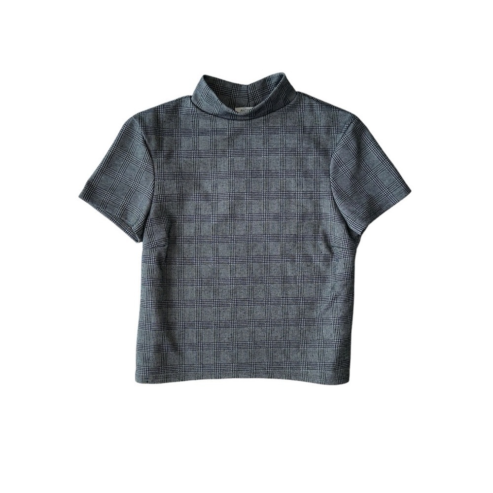 GREY GINGHAM HIGH NECKLINE SHORT SLEEVE TOP | ANTISTAR WOMENS